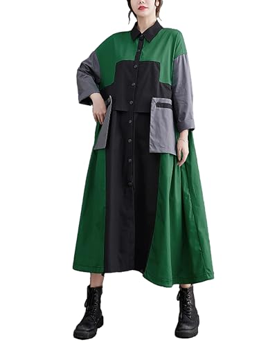 ellazhu Damen Hemdkleid Knopfleiste Revers Farbblock Zwei Seitentaschen Locker Oversize Herbst GZ246 Grün von ellazhu
