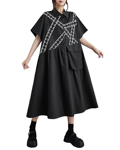 ellazhu Damen Hemdkleid Revers Knopfleiste Kurzarm Schnur Patchwork Tasche Oversize Locker Sommer GZ238 Schwarz von ellazhu