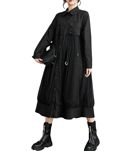 ellazhu Damen Hemdkleid Revers Knopfleiste Langarm Mittellang Patchwork Lose Oversize GZ333, Schwarz, S/XL von ellazhu