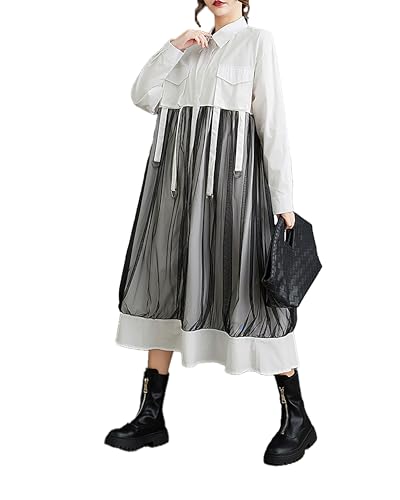 ellazhu Damen Hemdkleid Revers Knopfleiste Langarm Mittellang Patchwork Lose Oversize GZ333, Weiss/opulenter Garten, S/XL von ellazhu