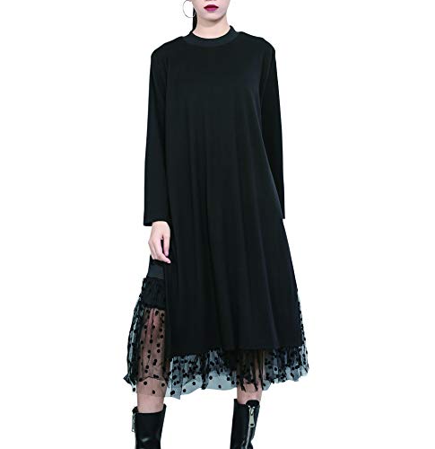 ellazhu Damen Herbst-Langarm-Kleid mit Casual-Long-Shirt-Schnitt und Spitze GY2022 Schwarz von ellazhu