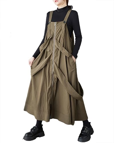 ellazhu Damen Hose Tank Reißverschluss Uni Zwei Seitentaschen Fließender Saum Lässig Oversize GZ388 Dunkelkhaki von ellazhu