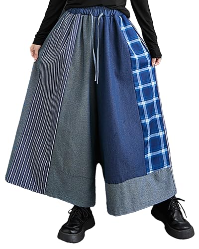 ellazhu Damen Hose Weite Beine Kariert Kordelzug Oversize Lose Patchwork Taschen Hose Herbst GZ240 von ellazhu