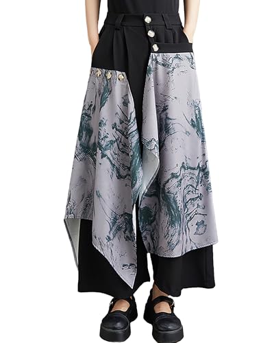 ellazhu Damen Hose Weite Beine Patchwork Knopfleiste Taschen Schwarz Tintenmuster Locker Oversize Sommer GZ232 von ellazhu
