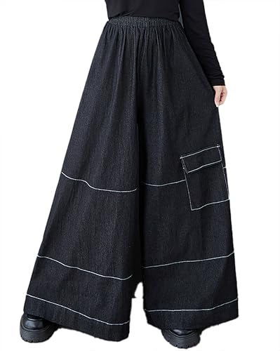 ellazhu Damen Hose Weites Bein Elastischer Beinabschluss Zwei Seitentaschen Fließender Gerader Saum Kordel Oversize von ellazhu