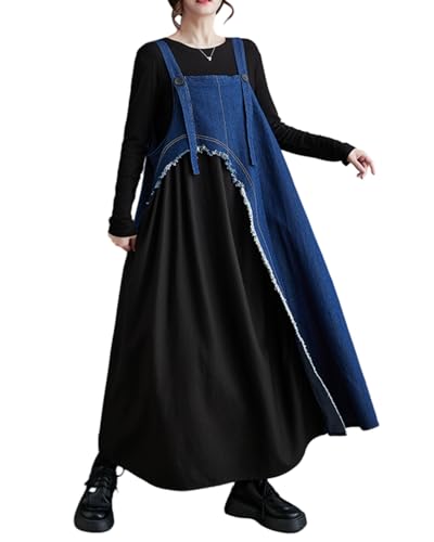 ellazhu Damen Denim Patchwork Overall Ärmelloses Vintage-Trägerkleid mit Taschen GZ17 Blau von ellazhu