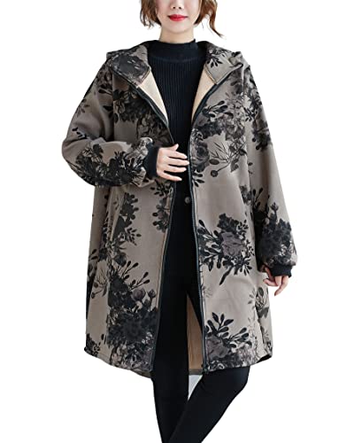 ellazhu Damen-Kapuzenpullover mit Reißverschluss, leger, floral, gemustert, Herbstjacke, Mantel, Outwear, GA2445 A, Grey von ellazhu