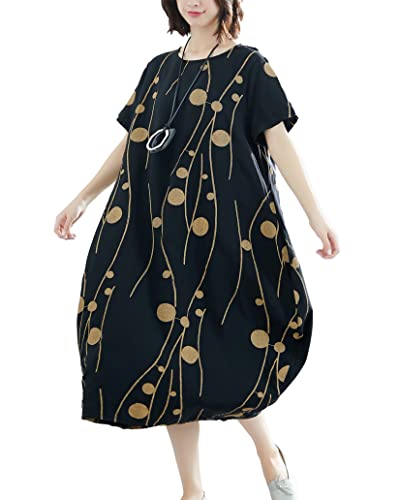 ellazhu Damen-Kleid GA2518, lässig, locker, wadenlang, Muster, kurzärmelig, Rundhalsausschnitt, Black, S/XL von ellazhu