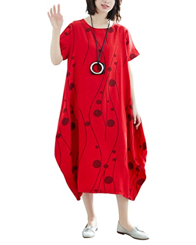 ellazhu Damen-Kleid GA2518, lässig, locker, wadenlang, Muster, kurzärmelig, Rundhalsausschnitt, Red, S/XL von ellazhu