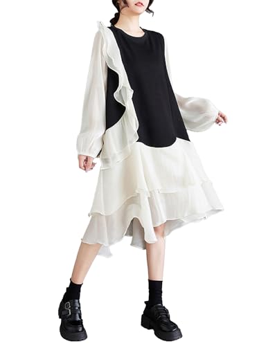 ellazhu Damen Kleid Locker Oversize Lässig Patchwork Kordelzug Rundhals Mittellang Weit GZ341 Apricot von ellazhu