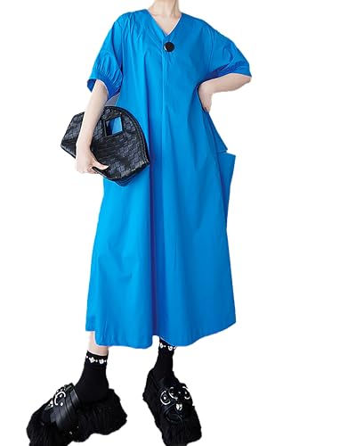 ellazhu Damen Kleid V-Ausschnitt Kurzarm Zwei Seitentaschen Einfarbig Gerader Saum Lässig Locker Maxi GZ438 Blau von ellazhu
