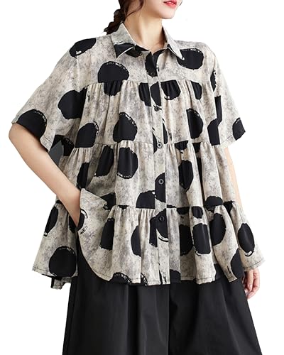 ellazhu Damen Kurzarm-Casual-Bluse mit Knopfleiste und fließendem Saum T-Shirt GZ167 Polka Dot Schwarz von ellazhu