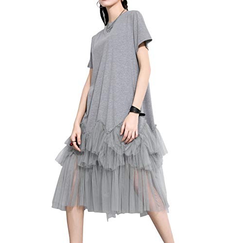 ellazhu Damen Kurzarm Casual Rundhals Patchwork Sommerkleid Tüll Kleid Oversized T-Shirt Kleid GY2266 Grau von ellazhu