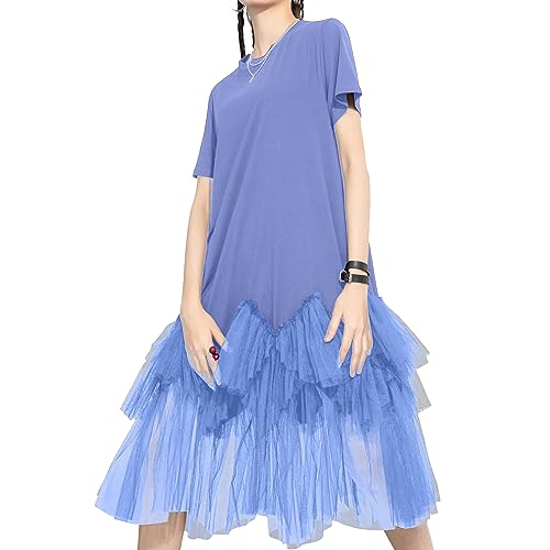 ellazhu Damen Kurzarm Casual Rundhals Patchwork Sommerkleid Tüll Kleid Oversized T-Shirt Kleid GY2266 Lila von ellazhu