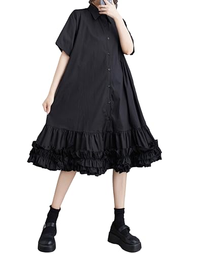 ellazhu Damen Kurzarm Einfarbig Tutu Kleid Knopfleiste Freizeitkleid GZ183 von ellazhu
