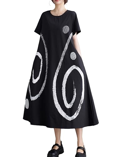 ellazhu Damen Kurzarm Maxi Länge Muster Druck Freizeit Hemdkleid GZ172 Schwarz von ellazhu