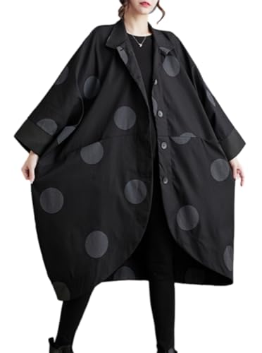 ellazhu Damen Lässiger Vintage Batwing Polka Dot Trenchcoat Unregelmäßiger Saum Oberbekleidung GZ42 Schwarz von ellazhu