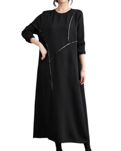 ellazhu Damen Lässiges A-Linie Solides Rundhals-Pulloverkleid GZ56 Schwarz von ellazhu