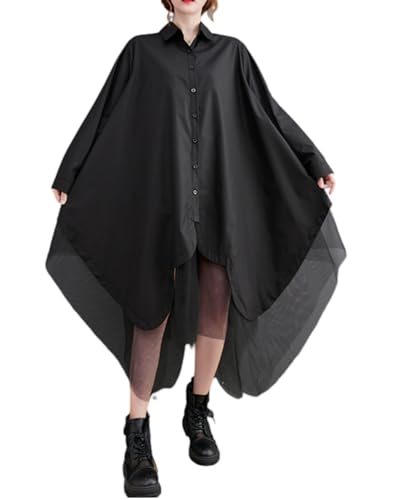 ellazhu Damen Lässiges Solides Langarm Unregelmäßiges Tüllhemd Kleid GZ45 Schwarz von ellazhu