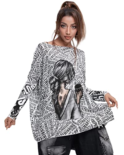 ellazhu Damen Schulterfrei Langarm Niedlich Zeitung Bedruckt Pullover Oversized Pullover Shirt GY2754, Weiss/opulenter Garten von ellazhu