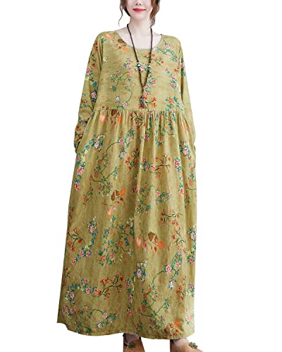 ellazhu Damen Langarm Rundhals Floral Printed Bohemian Vintage Kleid GA2452, gelb, S/XL von ellazhu