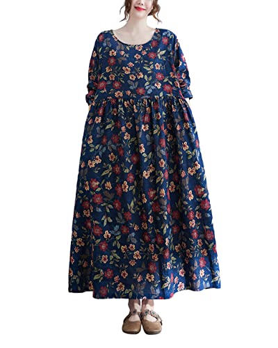 ellazhu Damen Langarm Rundhalsausschnitt Knöchellang Blumendruck Boho Kleid GA2524 A, blau, S/L von ellazhu