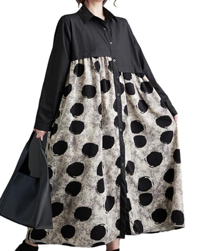 ellazhu Damen Locker Unregelmäßiges Patchwork Kleid mit Polka Dot Print GZ12 Polka Dot Schwarz von ellazhu