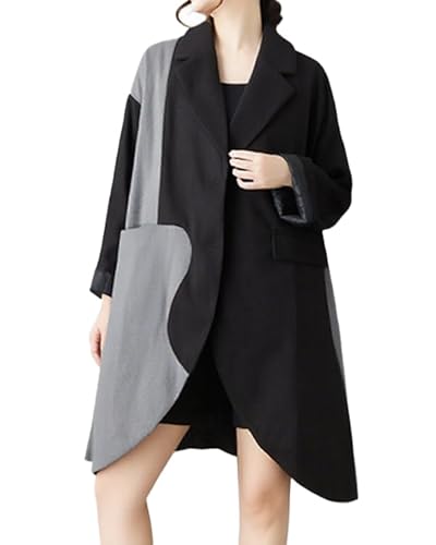 ellazhu Damen Mäntel Klassische Übergroße Jacke Revers Knopfleiste Unregelmäßiger Saum Langarm GZ615 Schwarz Grau von ellazhu