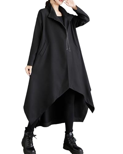 ellazhu Damen Mantel Locker Oversize Lässig Trench Mit Reißverschluss Einfarbig Große Größen Fledermausärmel Asymmetrischer Saum GZ340 Schwarz von ellazhu