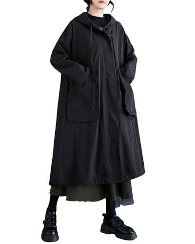 ellazhu Damen Mantel Locker Oversize Lässig Trench V-Ausschnitt Mit Reißverschluss Einfarbig Große Größen Mit Kapuze GZ339 Schwarz von ellazhu