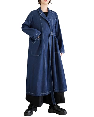 ellazhu Damen Mantel Locker Oversize Lässig Trenchcoat Jeansjacke Jeans Große Größen Modisch Maxi Kordelzug Einfarbig GZ338 Blau von ellazhu