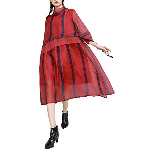 ellazhu Damen Midi-Kleid im Vintage-Stil mit Mittellangen Ärmeln und Casual-Loose-Schnitt Mode Tunika Kleid GY2280 Rot von ellazhu