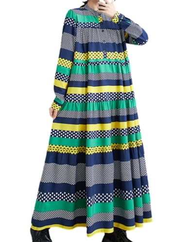 ellazhu Damen Multicolor Patchwork Maxi Langkleid mit Baggy Saum GZ25 Grün von ellazhu