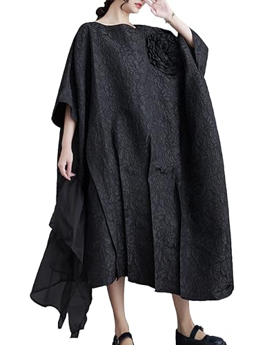 ellazhu Damen Oversized Einfarbig Fledermaus Halbarm Flowy Unregelmäßiger Saum Kleid GZ134 von ellazhu