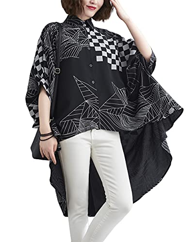 ellazhu Damen Bluse Hemdkleid mit Fledermausärmeln, Button-Down High-Low-Schnitt, Oversized und Knopfleiste für den Sommer GA2305 von ellazhu