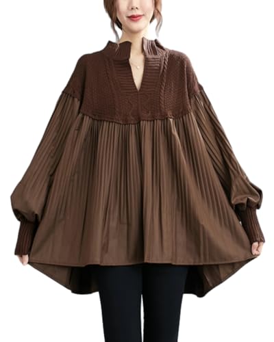 ellazhu Damen Patchwork Pullover V-Ausschnitt Puffärmel Gestrickte Oberteile GZ57 Braun von ellazhu