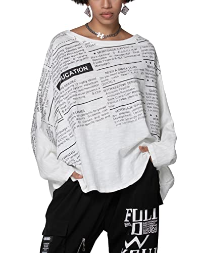 ellazhu Frauen Lose Crewneck Langarm Buchstaben Drucken Pullover Top T-Shirt GY2742, Weiss/opulenter Garten, S/XL von ellazhu