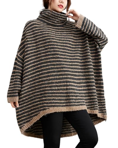 ellazhu Damen Rollkragen Pullover Locker Funky Horizontale Streifen Strickoberteile GZ31 Braun von ellazhu