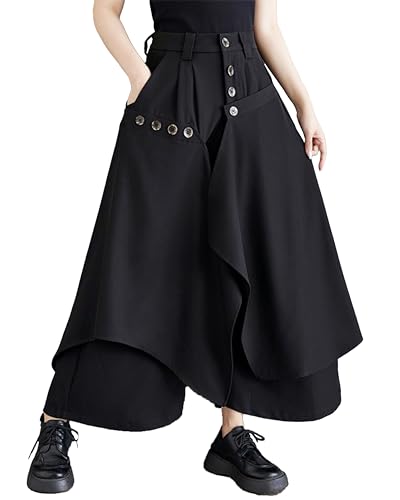 ellazhu Damen Schwarze Culottes mit unregelmäßigem weitem Bein, Taschen, tiefem Schritt und Knopfleiste GZ208 von ellazhu