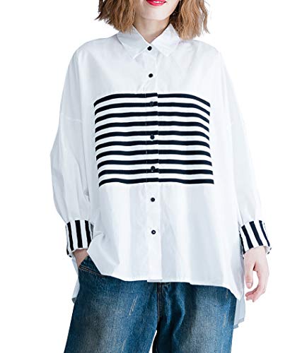 ellazhu Damen Shirt Bluse mit Streifenmuster, Button Down, Langen Ärmeln, Baumwolle Knopfleiste GA2075 von ellazhu