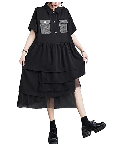 ellazhu Damen Sommer Kurzarm Maxi-Knopfleiste Patchwork Tüll Tutu Kleid Oversized Hemdkleid GY2806 von ellazhu