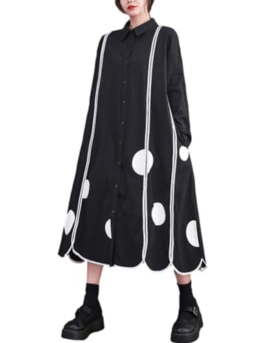 ellazhu Damen Spitze Polka Dot Druck Langarm Vintage Unregelmäßig Saum Kleid GZ07 Schwarz von ellazhu