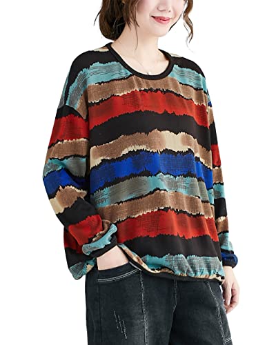 ellazhu Damen-Sweatshirt GA2446 A mit langen Ärmeln, Rundhalsausschnitt, gestreift, Stripe, S/XL von ellazhu