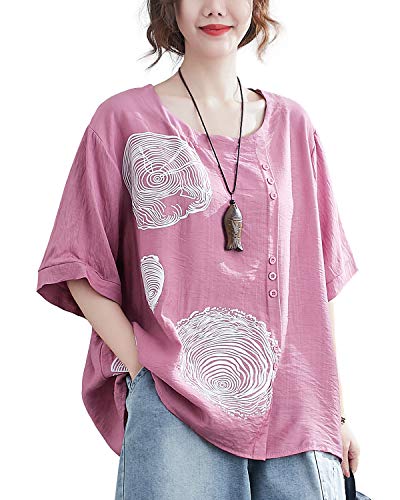 ellazhu Damen-T-Shirt, locker, lässig, kurze Ärmel, Blumendruck, Rundhalsausschnitt, T-Shirt, GA2242, Pink von ellazhu