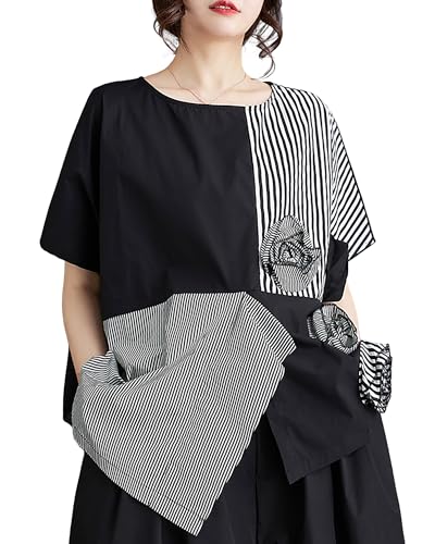 ellazhu Damen T-Shirt Kurzarm Rundhalsausschnitt Split Saum Blumen Schwarz Patchwork Oversize Sommer GZ220 Streifen von ellazhu