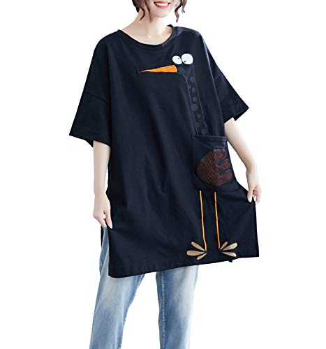 ellazhu Damen T-Shirt mit mittleren Ärmeln, Rundhalsausschnitt und Tasche-Muster im Sommer GA1455 Schwarz von ellazhu