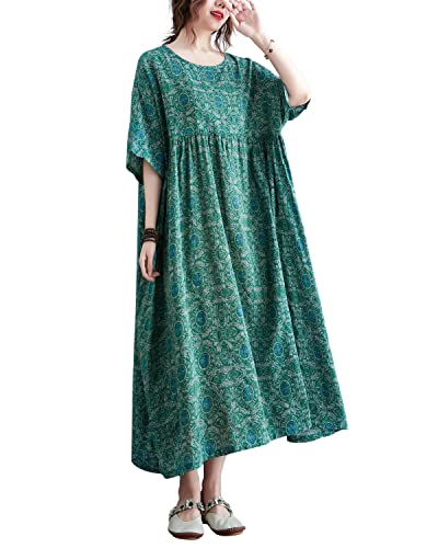 ellazhu Damen Übergröße Boho Maxikleid mit halben Ärmeln U-Ausschnitt Bohemian Print für Sommer Beachwear GA1396A, Green03, S/XL von ellazhu