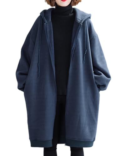ellazhu Damen lässige Sweatshirt mit Reißverschluss und Tasche Langmantel GZ47 Blau von ellazhu