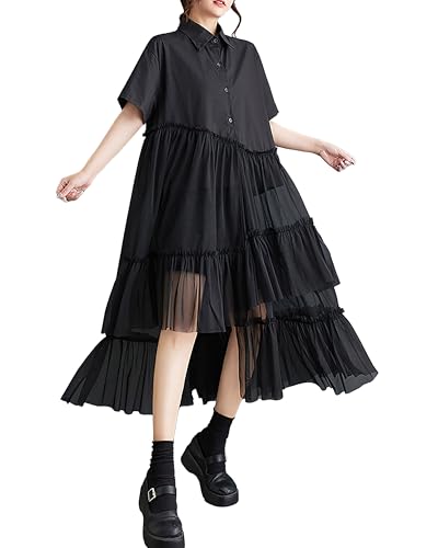 ellazhu Damenhemd Kleid Patchwork Kurzarm Revers Knopfleiste Asymmetrischer Saum Tüll Solide Sommer GZ225 Schwarz von ellazhu