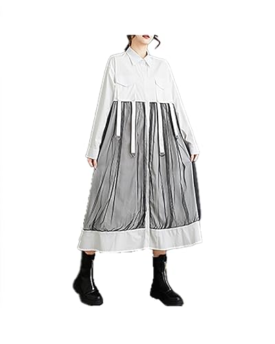 ellazhu Damenhemdkleid Knopfleiste Langarm Revers Einfarbig Lässig Locker Maxi Tüll GZ363 Weiß von ellazhu
